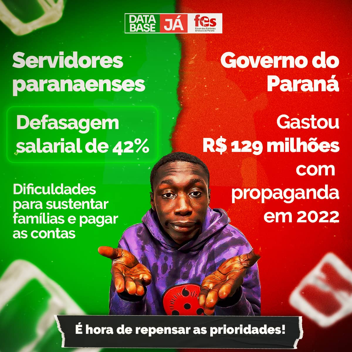 ?? Com uma defasagem salarial de 42% desde 2016, lidamos diariamente com a preocupação de sustentar nossas famílias e arcar com as contas básicas ??.  ???? Enquanto isso, o governo paranaense gastou R$ 129 milhões em propaganda no ano de 2022 para melhorar a imagem do próprio governo. Diante dessa realidade, questionamos se essas são as prioridades corretas. ??  Nós, servidores públicos do Paraná, acreditamos que o recurso público deve ser utilizado de forma responsável e priorizando as necessidades da população ??. Investir em propaganda em detrimento da valorização dos servidores é uma decisão questionável. ?  ?????? Unidos na campanha “Valorize quem constrói o Paraná”, exigimos uma revisão dessas prioridades. Não podemos aceitar que nossos salários sejam defasados enquanto gastos excessivos são feitos em outras áreas que não beneficiam o conjunto da população do nosso estado. ??  ?????????????É hora de repensar as prioridades e direcionar recursos para a valorização dos servidores públicos, pois são eles que garantem que o Paraná promova políticas públicas que melhoram a vida das pessoas. ????  Compartilhe no Facebook: ? https://www.facebook.com/valorizequemconstroioparana/posts/pfbid0eMmtXNcn4NhLtxeUSbjMF18jND3bZZGBPk9BWa6dvJbfkJKVchT8Q4wzYgs7FdcJl  Siga-nos no Instagram: ? https://www.instagram.com/p/CsivVxTKa_b/